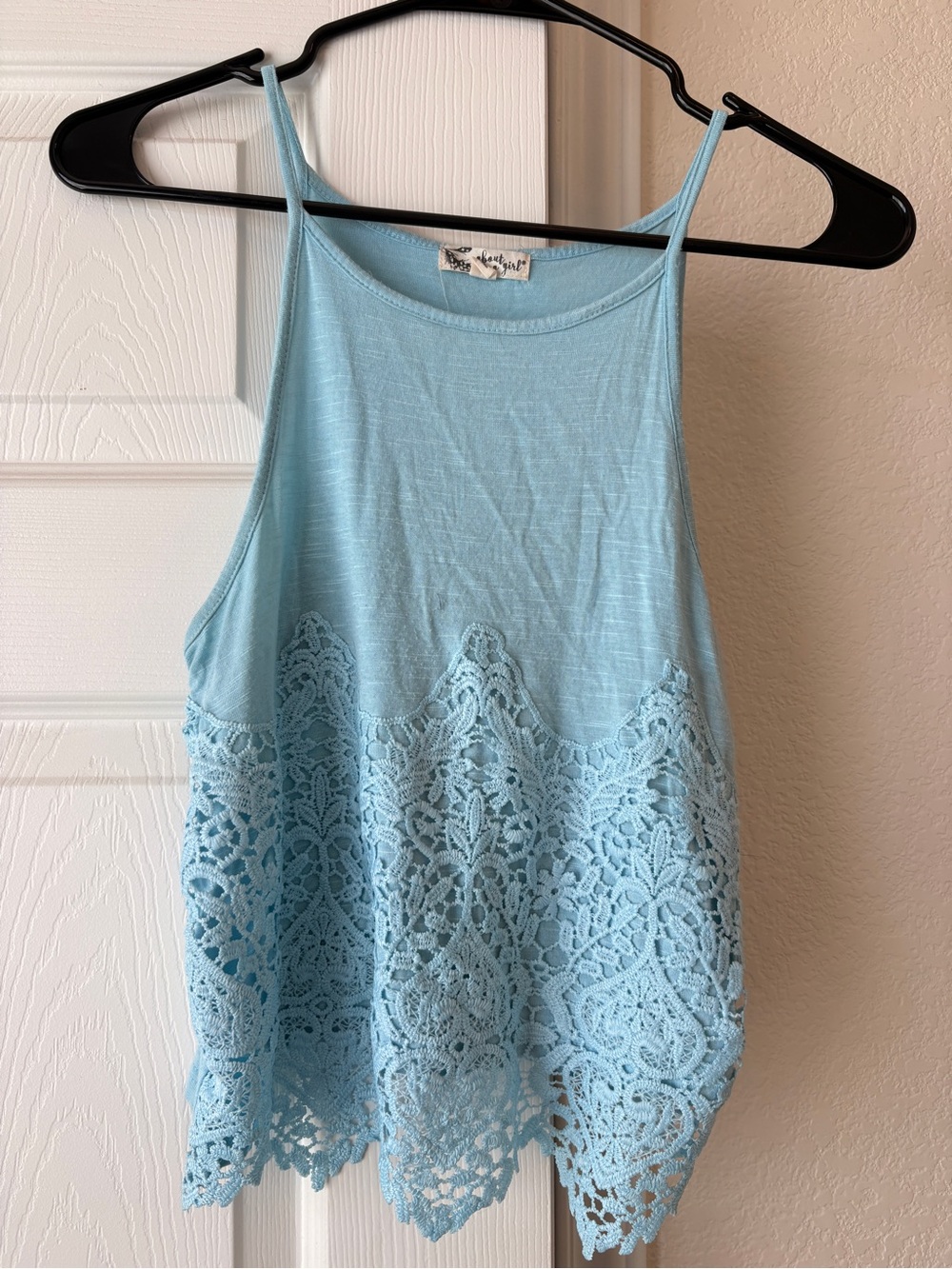 About A Girl Light Blue Crochet-Hem Tank Top
